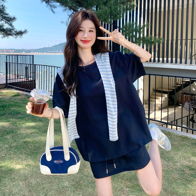 Dark Blue Korean Style College Wind T-Shirt and Short Skirt Set for Women - 2025 Summer Casual Age-Reducing Outfit