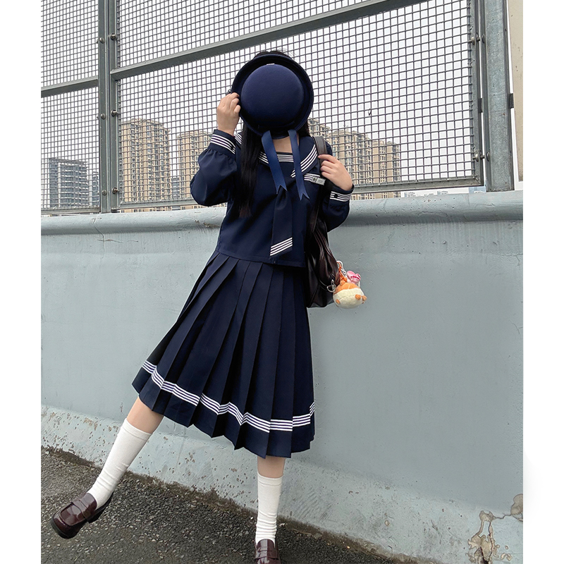 Dark Blue Three-Piece Japanese Style JK Uniform Set for Women | Long Sleeve Pudding Bear Design | Spring Fashion 2023