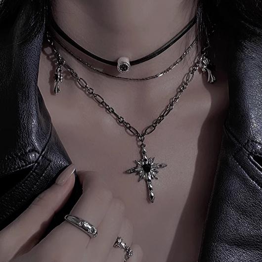 Dark Cross Layered Necklace Y2K Gothic Choker Collar Leather Clavicle Chain Accessory for Hot Girl Style