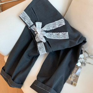 Dark Gray Vintage Lace Trim Casual Pants for Women, Petite Loose Versatile Straight-Leg Trousers, Spring 2025 Fashion