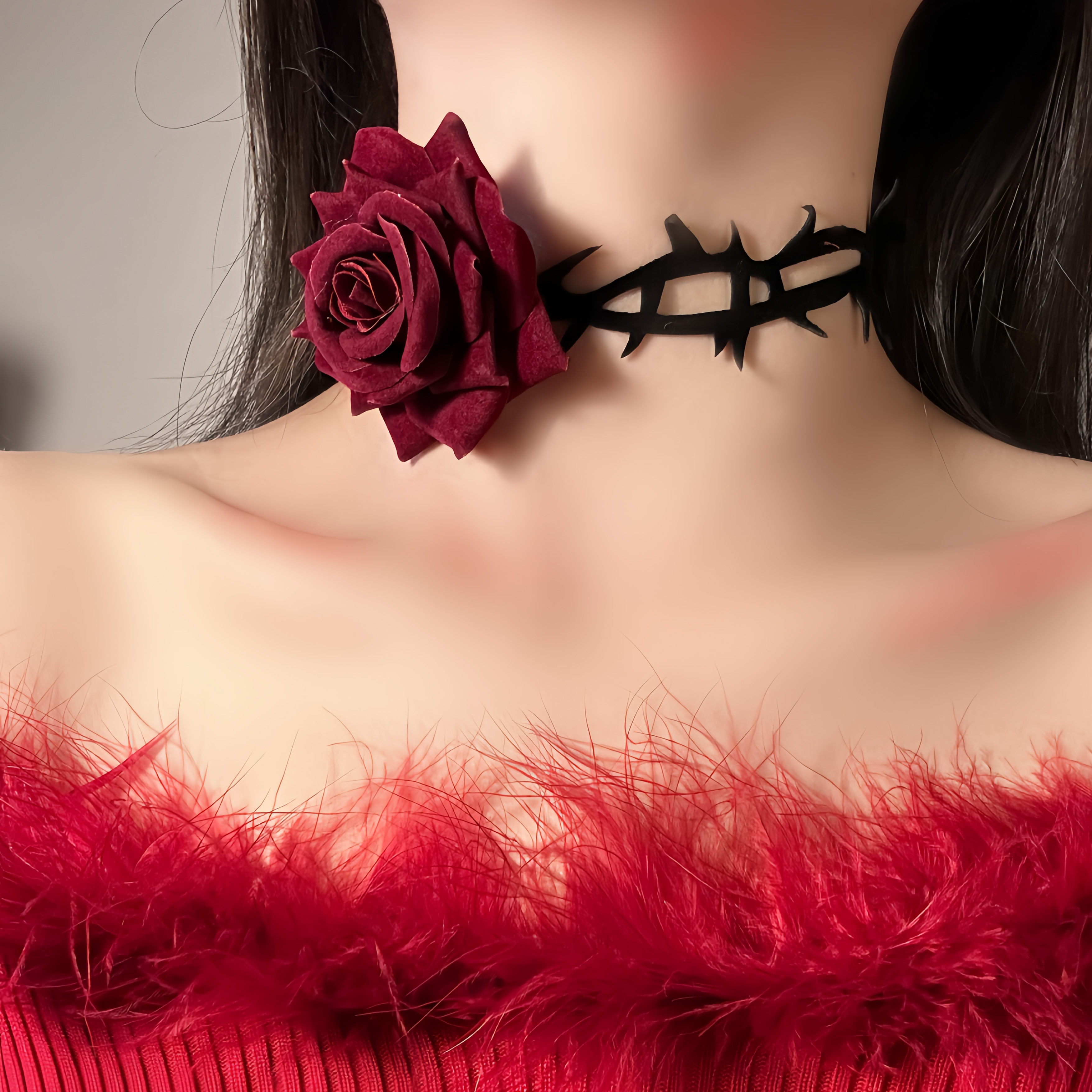 Dark Night Red Rose Choker Necklace with Black Thorn Design - Velvet Strap Collar for Halloween and Costume Accessories