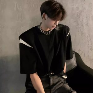 Deconstructed American Style Split Shoulder Short Sleeve T-Shirt for Men - Trendy Summer Heavy Design Round Neck Tee