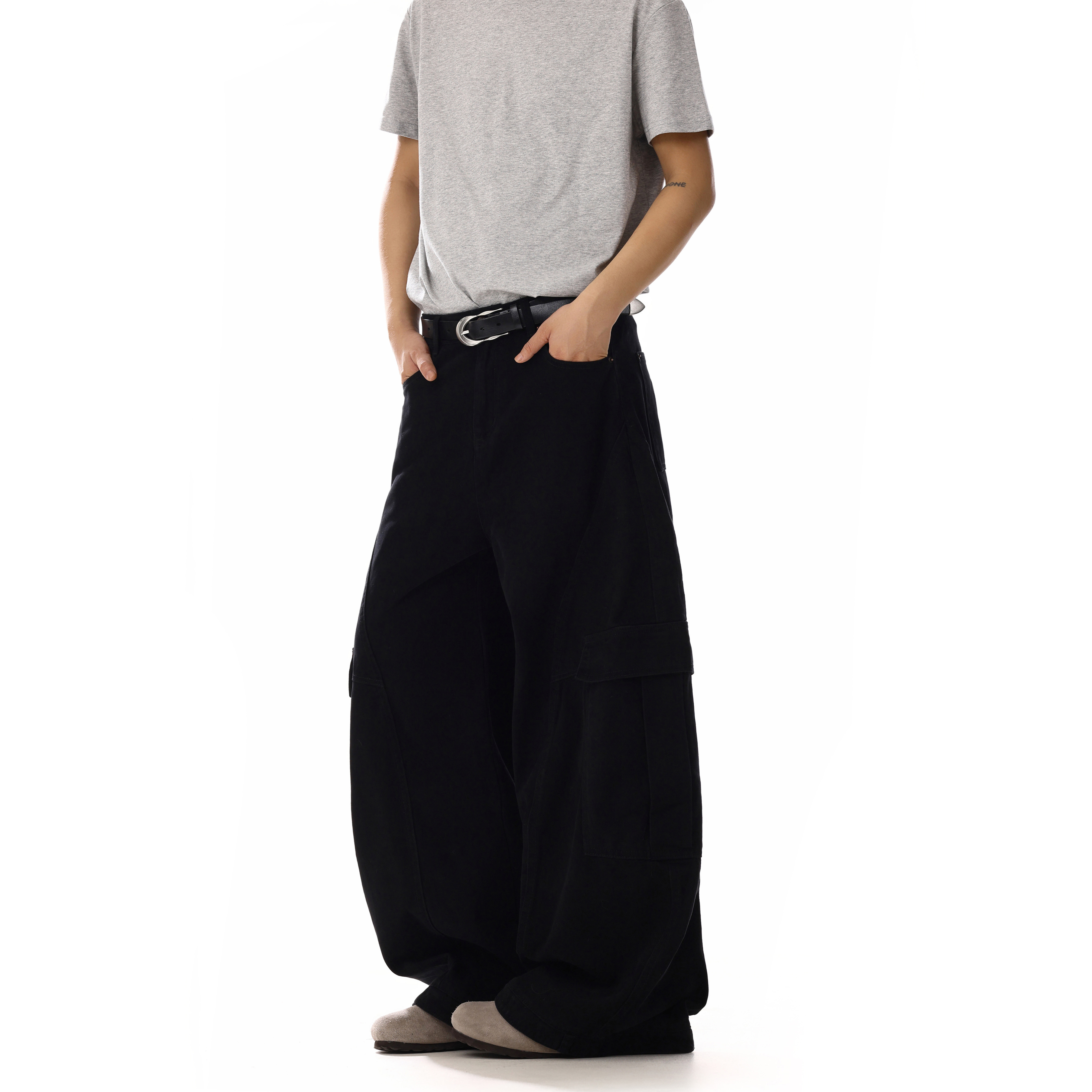 Deconstructed Black Wide-Leg Curved Knife Jeans for Men and Women - Casual Loose Fit American Retro Style Work Pants