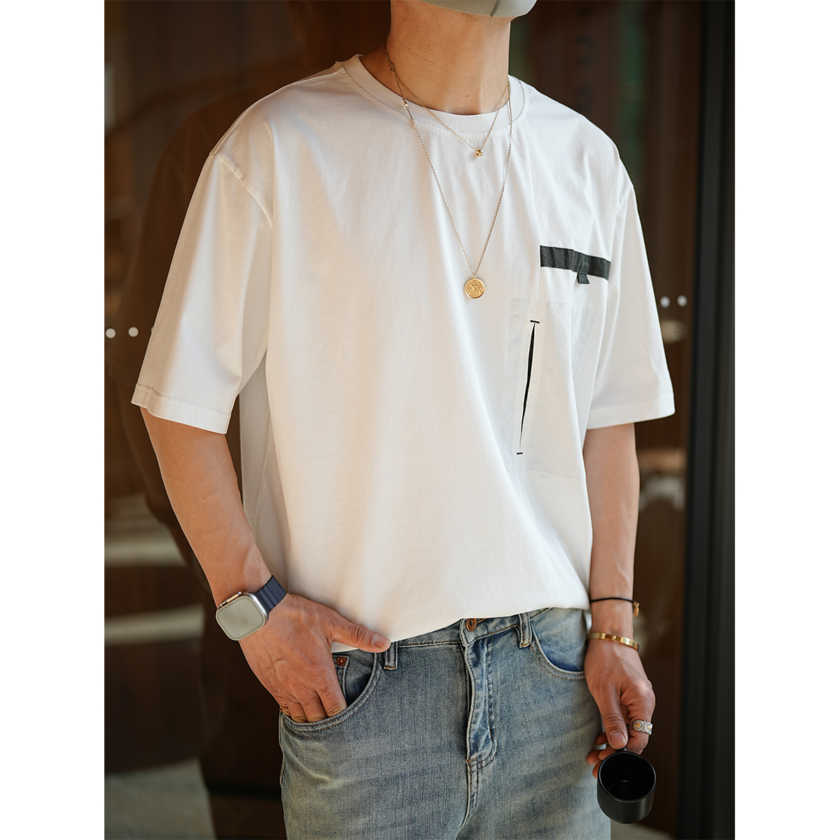 Deconstructed Color-Block Short Sleeve T-Shirt for Men - Trendy Summer National Style with Hidden Pocket