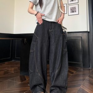 Deconstructed Multi-Pocket Wide-Leg Jeans for Men and Women - Versatile American Style Floor-Length Pants