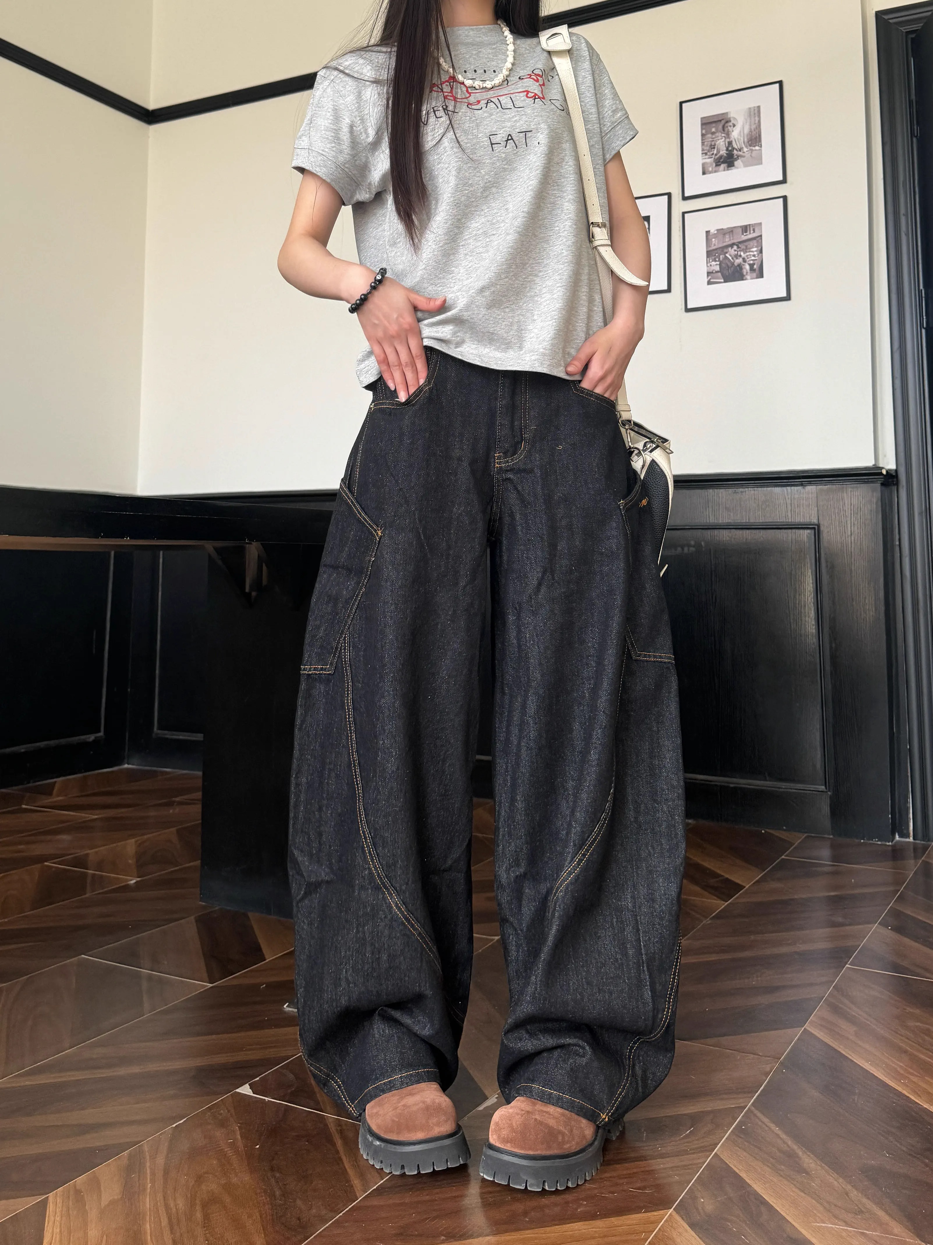 Deconstructed Multi-Pocket Wide-Leg Jeans for Men and Women - Versatile American Style Floor-Length Pants