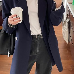 Deep Blue Slim Fit Suit Jacket for Women, Casual Long Sleeve Blazer, 2022 Autumn Fashion, Stylish Designer Look