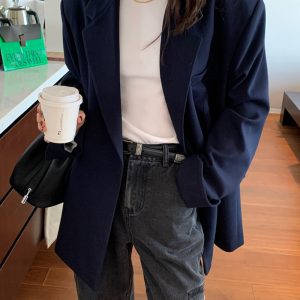 Deep Blue Slim Fit Suit Jacket for Women, Casual Long Sleeve Blazer, 2022 Autumn Fashion, Stylish Designer Look
