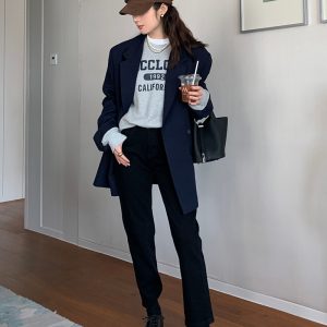 Deep Blue Slim Fit Suit Jacket for Women, Casual Long Sleeve Blazer, 2022 Autumn Fashion, Stylish Designer Look