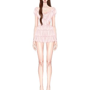 Deep V Dress for Women - Summer Cake Dress in Lychee Rose, Socialite Style, Waist-Exposing, High-End Feel, Perfect for 90s Inspired Looks