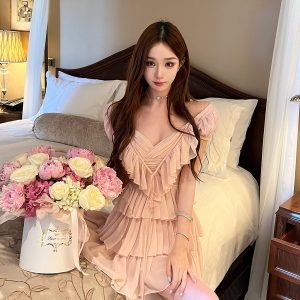 Deep V Dress for Women - Summer Cake Dress in Lychee Rose, Socialite Style, Waist-Exposing, High-End Feel, Perfect for 90s Inspired Looks
