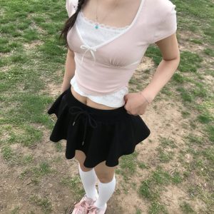 Deep V Lace Strap Short-Sleeved T-Shirt - Korean Style Summer Cloudemotion25 Sweet Design