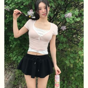 Deep V Lace Strap Short-Sleeved T-Shirt - Korean Style Summer Cloudemotion25 Sweet Design