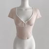Deep V Lace Strap Short-Sleeved T-Shirt - Korean Style Summer Cloudemotion25 Sweet Design