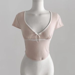 Deep V Lace Strap Short-Sleeved T-Shirt - Korean Style Summer Cloudemotion25 Sweet Design