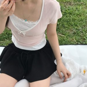 Deep V Lace Strap Short-Sleeved T-Shirt - Korean Style Summer Cloudemotion25 Sweet Design