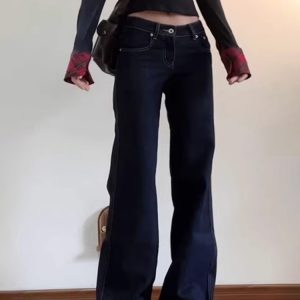 Denim Blue Micro-Flare Low-Waist Women's Jeans, Slim Fit Wide-Leg Summer Style, Flattering Casual Pants