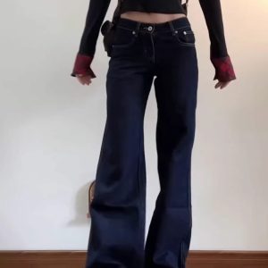 Denim Blue Micro-Flare Low-Waist Women's Jeans, Slim Fit Wide-Leg Summer Style, Flattering Casual Pants