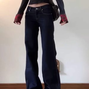 Denim Blue Micro-Flare Low-Waist Women's Jeans, Slim Fit Wide-Leg Summer Style, Flattering Casual Pants
