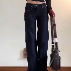 Denim Blue Micro-Flare Low-Waist Women's Jeans, Slim Fit Wide-Leg Summer Style, Flattering Casual Pants