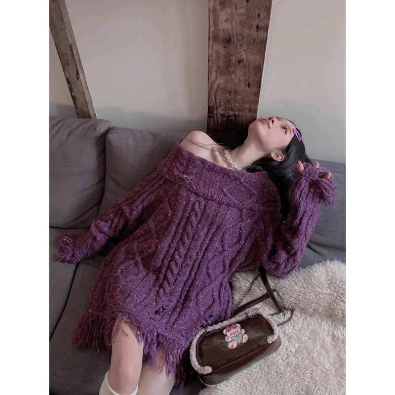 Desire Purple Ripped Shoulder Knit Sweater for Women - Retro Lazy Style Top with Killer Design