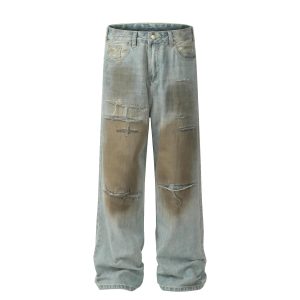 Distressed Handmade High Street Loose Long Jeans with American Street Style and Wash Effect