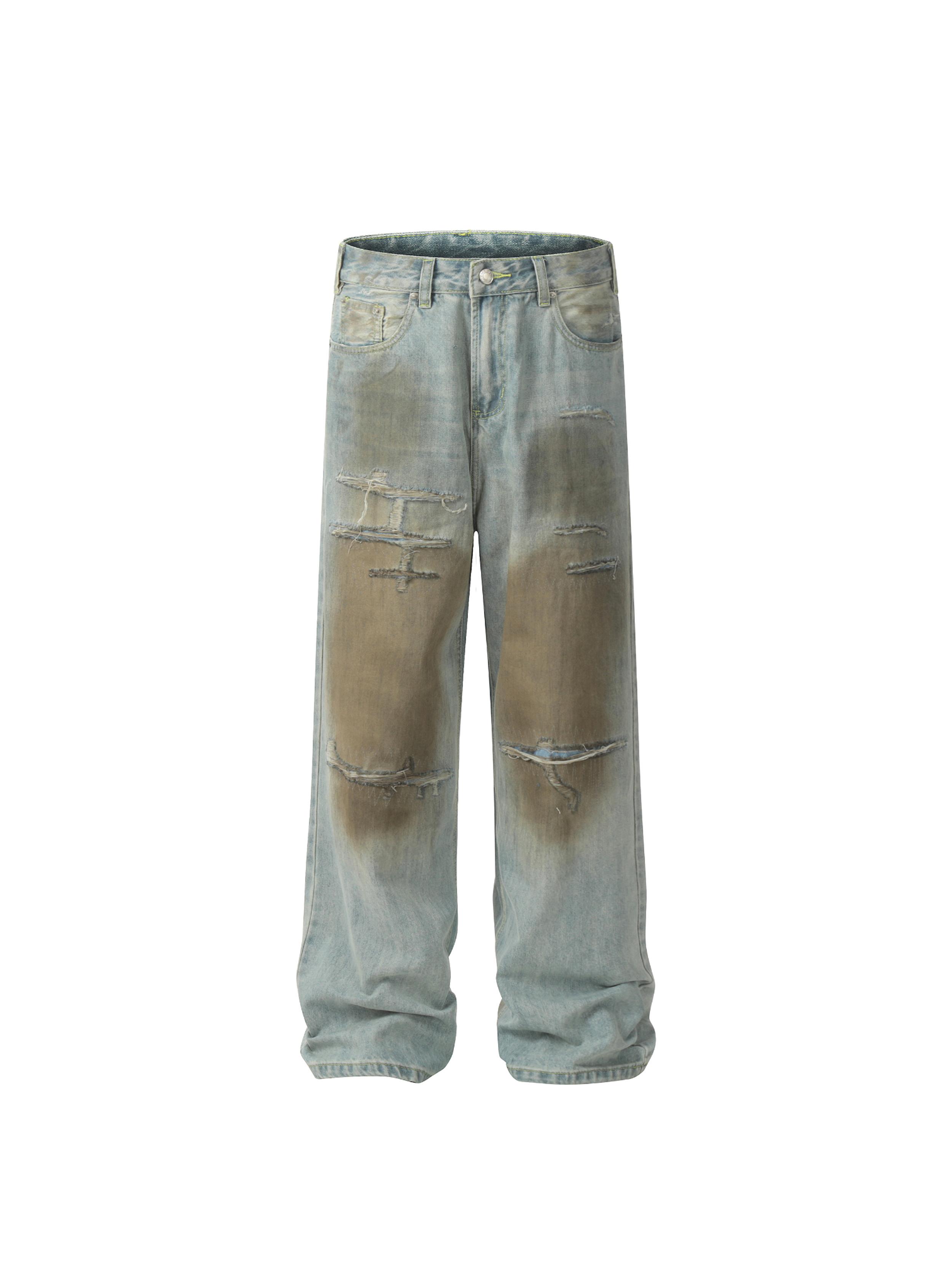 Distressed Handmade High Street Loose Long Jeans with American Street Style and Wash Effect