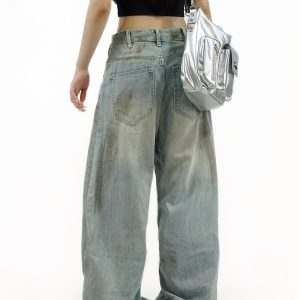 Distressed Handmade High Street Loose Long Jeans with American Street Style and Wash Effect