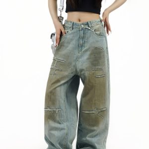 Distressed Handmade High Street Loose Long Jeans with American Street Style and Wash Effect