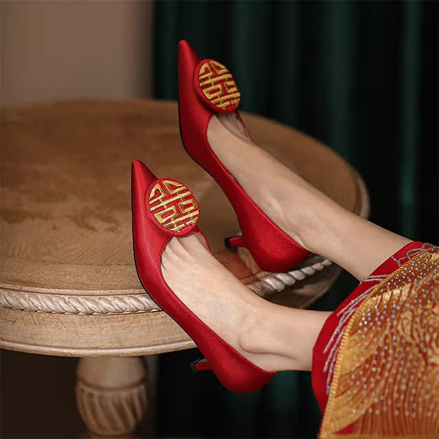 Double Happiness Character Chinese Red Wedding Shoes for Women - Comfortable High Heels for Brides & Pregnant Women, Xiuhe Dress Style