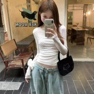 Double-Layer Mesh Long Sleeve Women's Summer Slim Fit Polka Dot Spliced T-Shirt - Trendy Versatile Top for a Chic Look