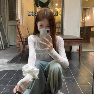 Double-Layer Mesh Long Sleeve Women's Summer Slim Fit Polka Dot Spliced T-Shirt - Trendy Versatile Top for a Chic Look