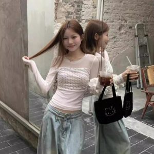 Double-Layer Mesh Long Sleeve Women's Summer Slim Fit Polka Dot Spliced T-Shirt - Trendy Versatile Top for a Chic Look