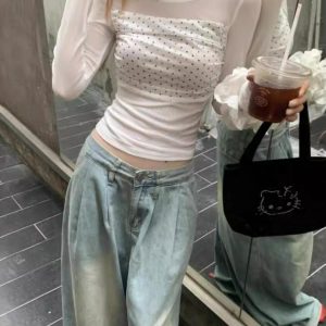 Double-Layer Mesh Long Sleeve Women's Summer Slim Fit Polka Dot Spliced T-Shirt - Trendy Versatile Top for a Chic Look