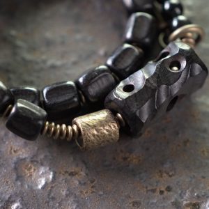 Double-Layer Mixed Design Bracelet for Men and Women - Sandalwood & Black Stone, Unique Personality Jewelry