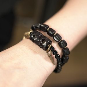 Double-Layer Mixed Design Bracelet for Men and Women - Sandalwood & Black Stone, Unique Personality Jewelry