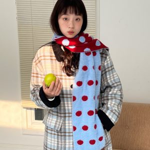 Double-Layer Warm Polka Dot Color-Block Scarf - Versatile Winter Shawl Neck Wrap for Cozy Style