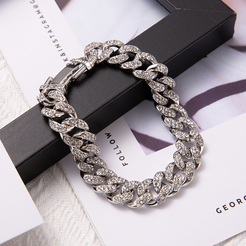 Double Row Full Diamond Alloy Hip-Hop Cuban Chain Bracelet - Euro-American Street Style Trendsetter Accessory