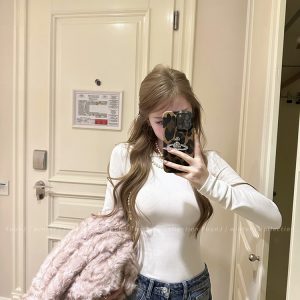 Double-Sided Brushed Ribbed Round Neck Long Sleeve Base T-shirt - Women's Knit Top for 90s and Y2K Style