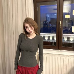 Double-Sided Brushed Ribbed Round Neck Long Sleeve Base T-shirt - Women's Knit Top for 90s and Y2K Style