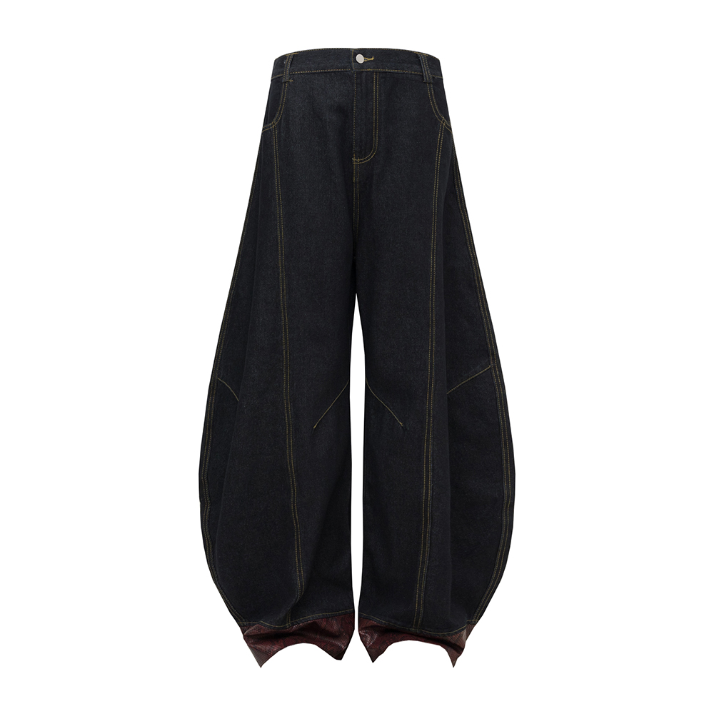 Double-Sided Seam Wide-Leg Jeans with Snake Skin Fabric Splicing and Curved Knife Silhouette – Trendy Y2K Style Denim Pants