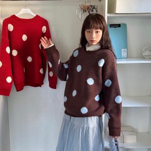 Double-Thick Polka Dot Pullover Sweater for Autumn Winter, Versatile Outerwear and Innerwear, Cozy Chic Style