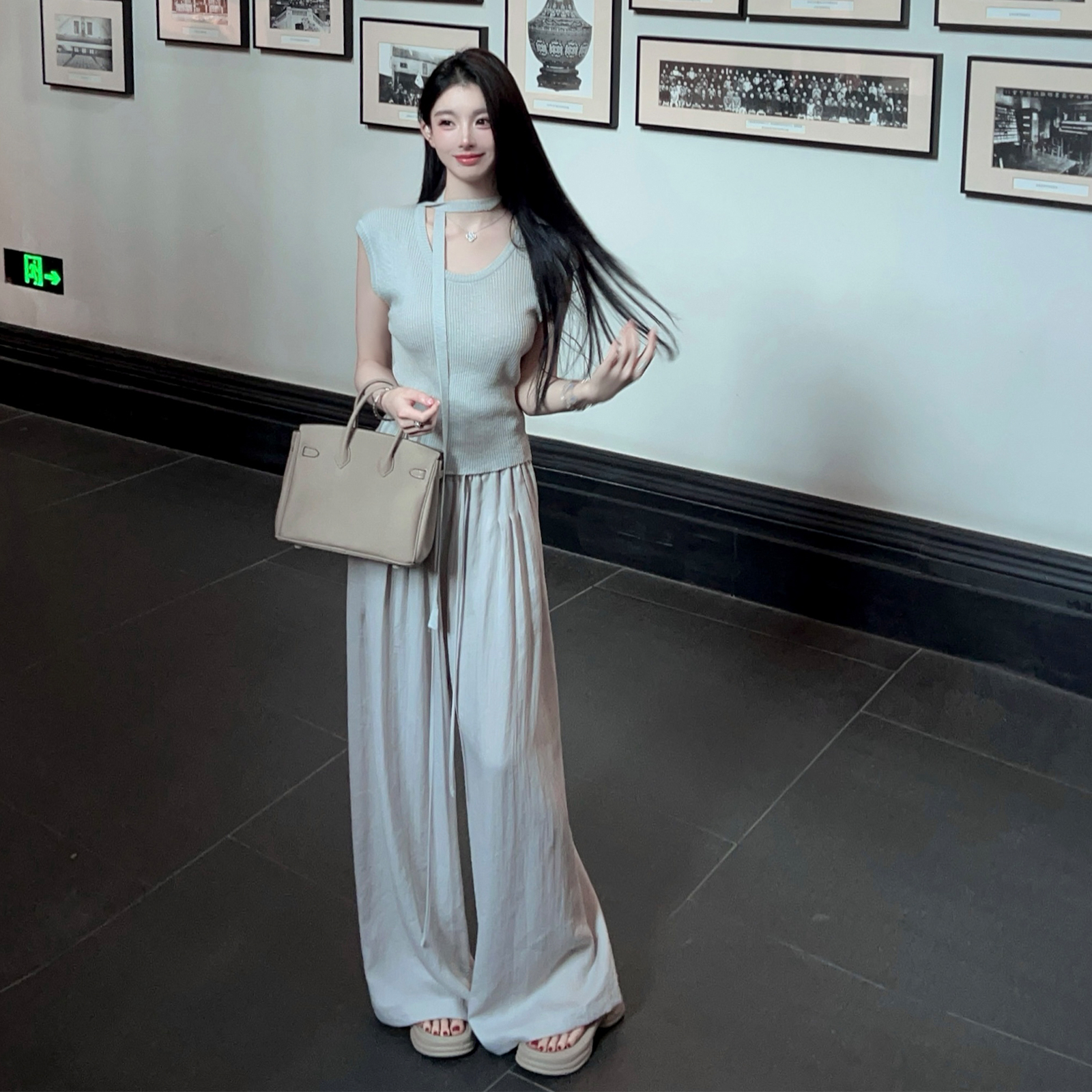 Draped Gray High-Waisted Wide-Leg Pants for Women - Casual Loose Fit with Drawstring - Summer Fashion Essential