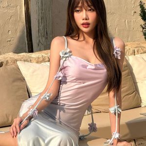Dreamy Gradient Satin Maxi Slip Dress for Women with Floral Ribbons - Eccentric Beach Vacation Style, Perfect for Summer Events