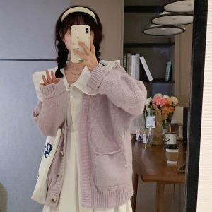 Early Spring Slimming Purple Knitted Cardigan Short Top Women's Sweater for Casual Chic Style