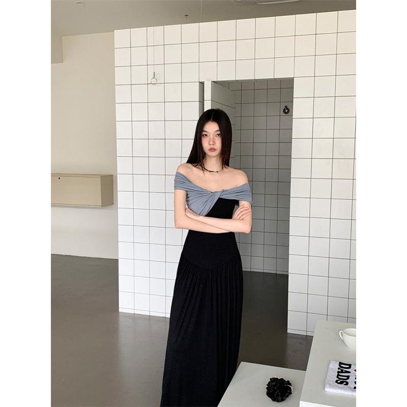Eccentric French-Style Off-Shoulder Color-Blocking Dress - Slim Waist-Cinching Long Dress for Summer Hot Girl Trend