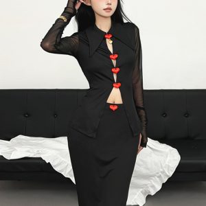 Eccentric Girl Casual Feminine Heart Button Mesh Long Sleeve T-Shirt & High Waist Bodycon Skirt Two-Piece Set for Y2K Style