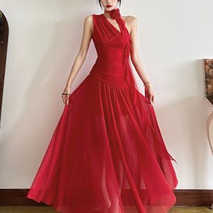 Eccentric Girl Greek Goddess Red Draped One-Shoulder Maxi Dress - Women's Flared Pleated Vacation Dress for Y2K Style