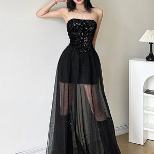 Eccentric Girl Hepburn Style Strapless Long Dress with Mesh Splicing, Slimming Little Black Dress, Chic 90s Fashion