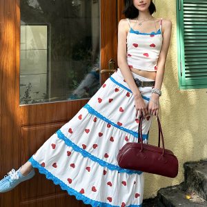 Eccentric Girl Sweet and Salty Heart Print Lace Splicing Camisole and Low Waist Skirt Set for Vacation - Y2K Style
